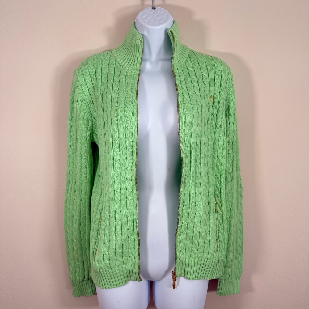 NWOT Lauren Ralph Lauren Y2K Women’s Green Cable Knit Sweater Full Zip M - Picture 5 of 10